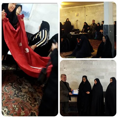 دعوت پرچم متبرک گنبد حرم مطهر امام حسین علیه السلام به مجلس عزاداری حضرت فاطمه زهرا سلام الله علیها، در مسجد امیرالمؤمنین علی علیه السلام  روستای زاویه حسن خان